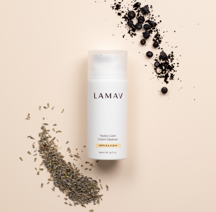 Experience the calming benefits with LAMAV's hydra-calm cream cleanser.