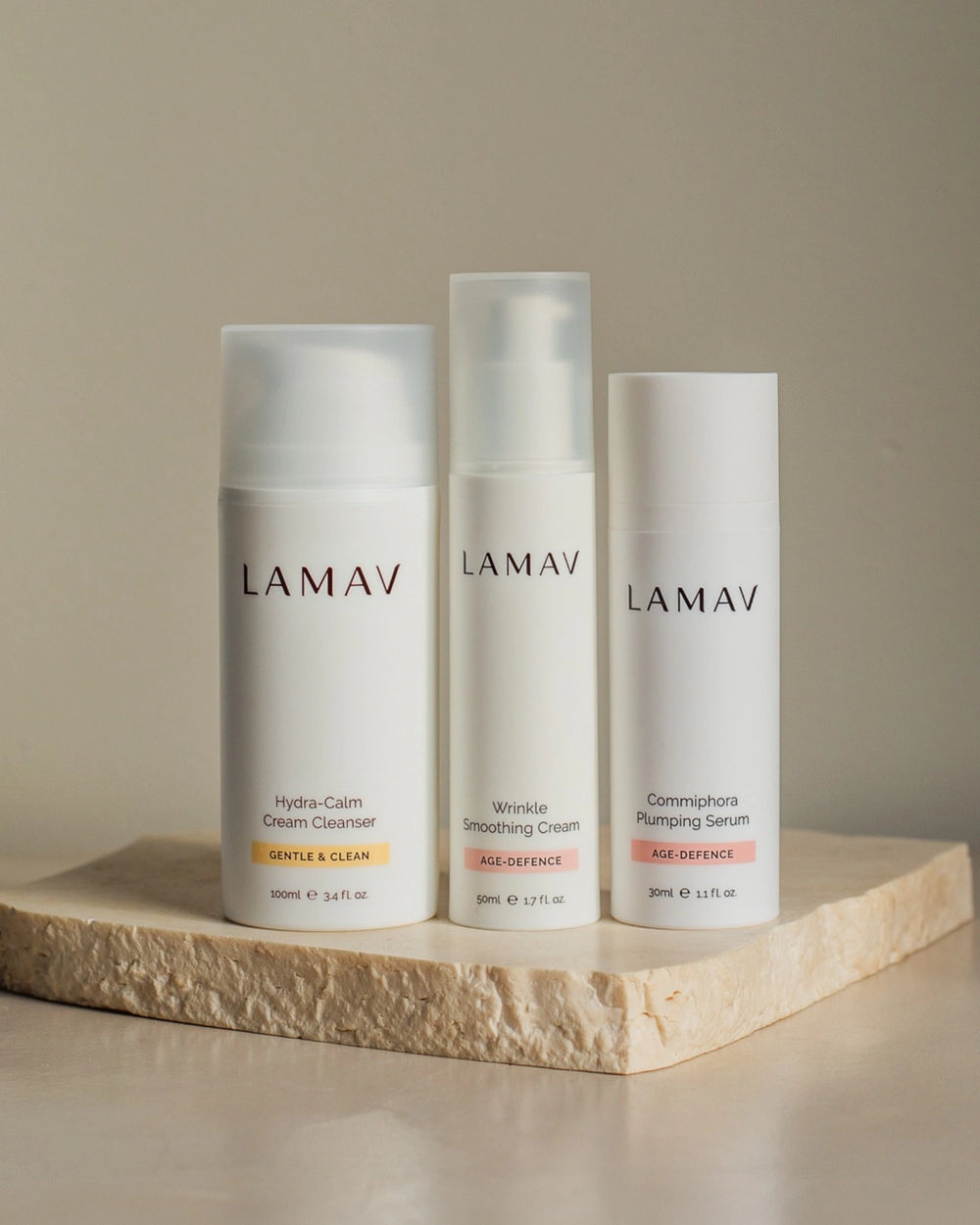 Age Defence Organic Skincare Essentials by LAMAV — three anti-aging skincare products side by side, front view | firming routine