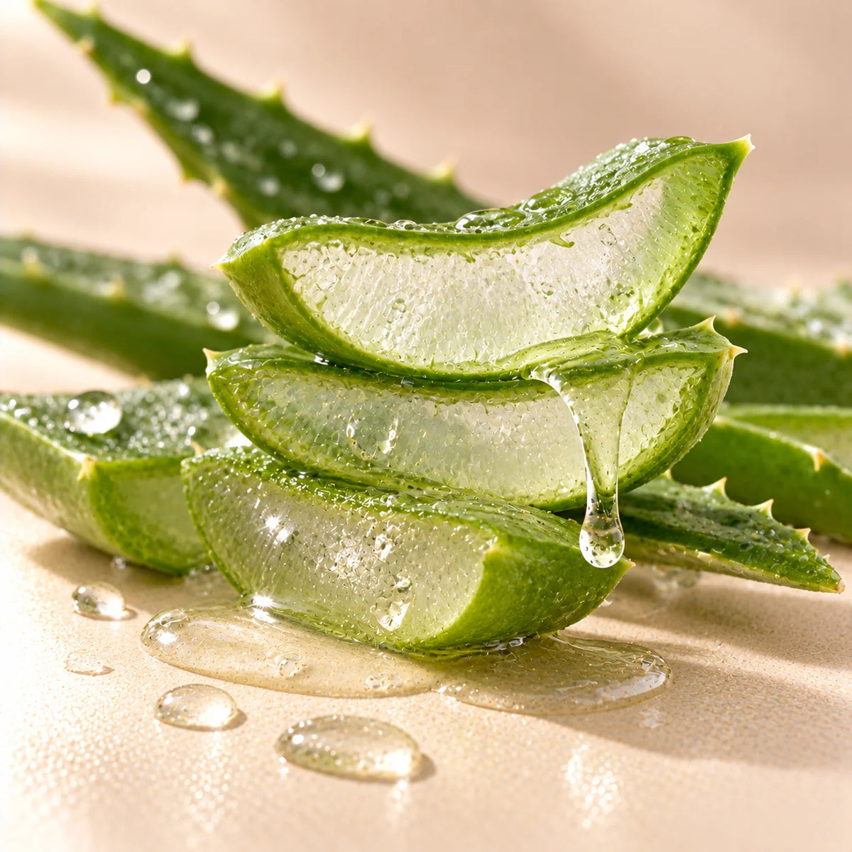 Cut aloe vera leaf with clear gel, the hydrating organic base of LAMAV Organic BB Cream