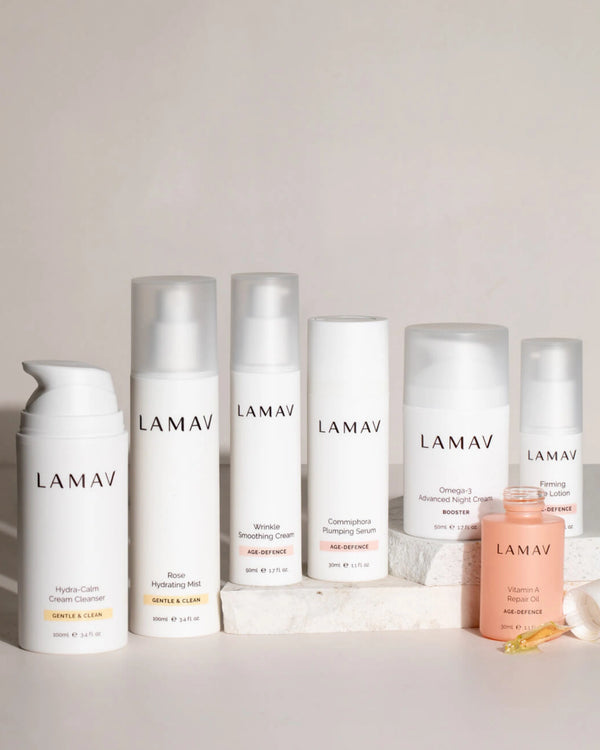Age-Defence Complete Collection by LAMAV — 7 products with resting open oil dropper | Ultimate dry skin hydration system