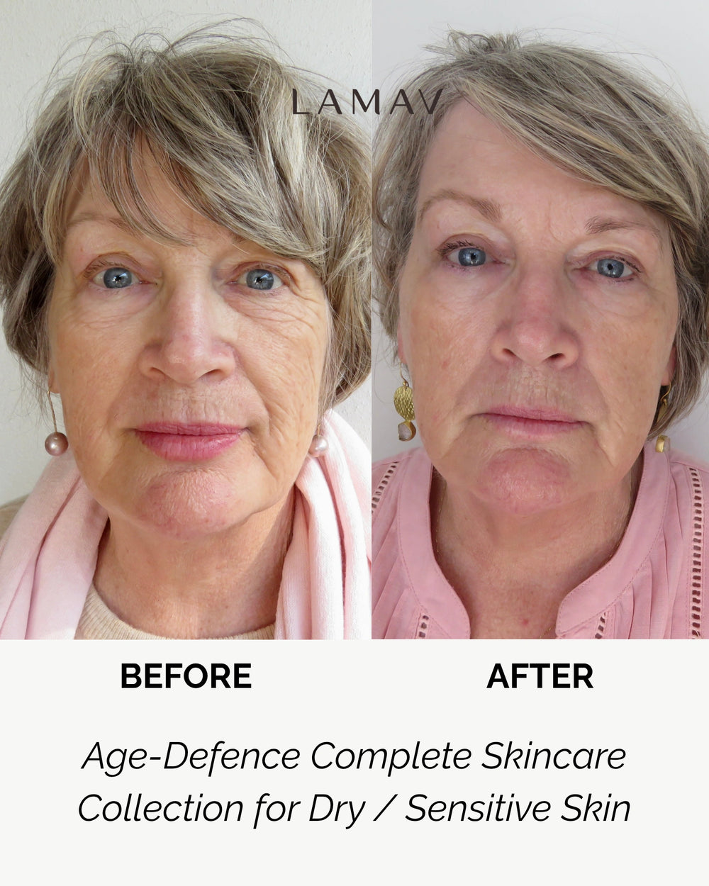 Age Defence Complete Skincare Collection by LAMAV — seven anti-aging skincare bottles on a stone podium, front view | firming routine