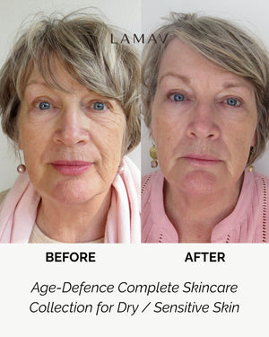 Age Defence Skincare Collection by LAMAV — mature woman's before and after face comparison | Visibly smooths fine lines