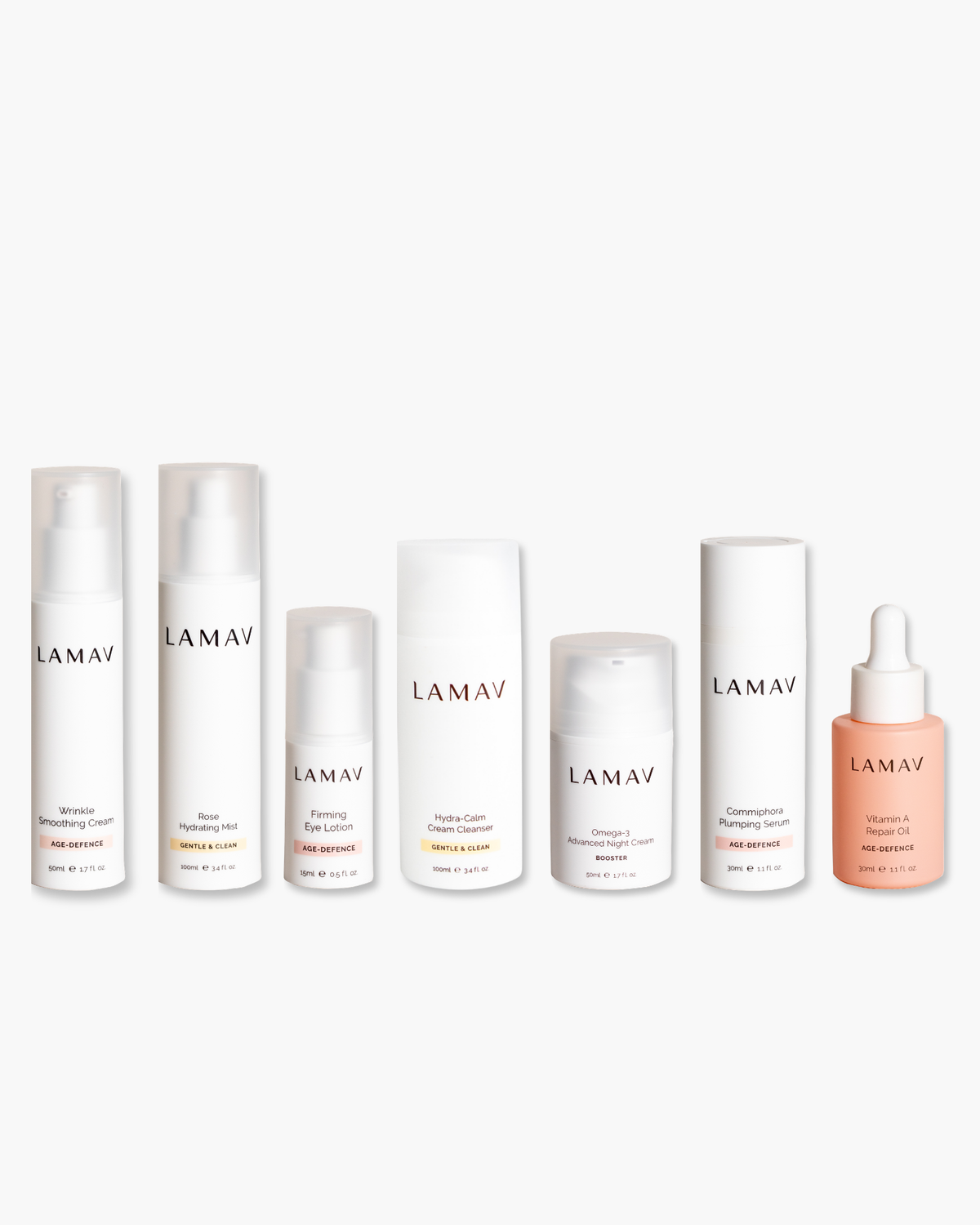 Age Defence Complete Skincare Collection by LAMAV — seven anti-aging skincare bottles on a stone podium, front view | firming routine