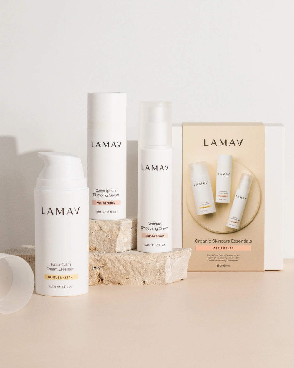 Age Defence Organic Skincare Essentials by LAMAV — three anti-aging skincare products side by side, front view | firming routine