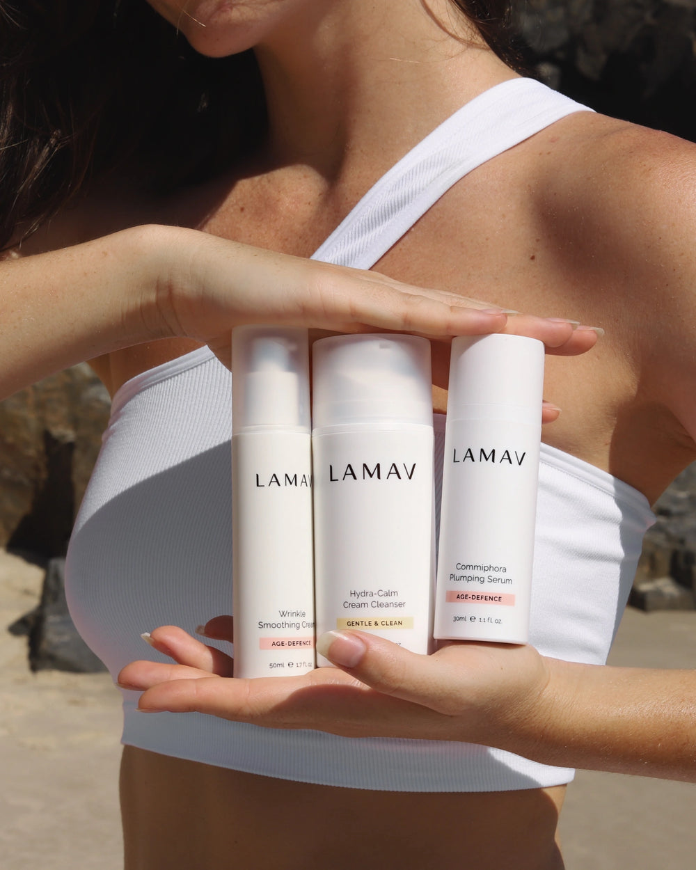 Age Defence Organic Skincare Essentials by LAMAV — three anti-aging skincare products side by side, front view | firming routine