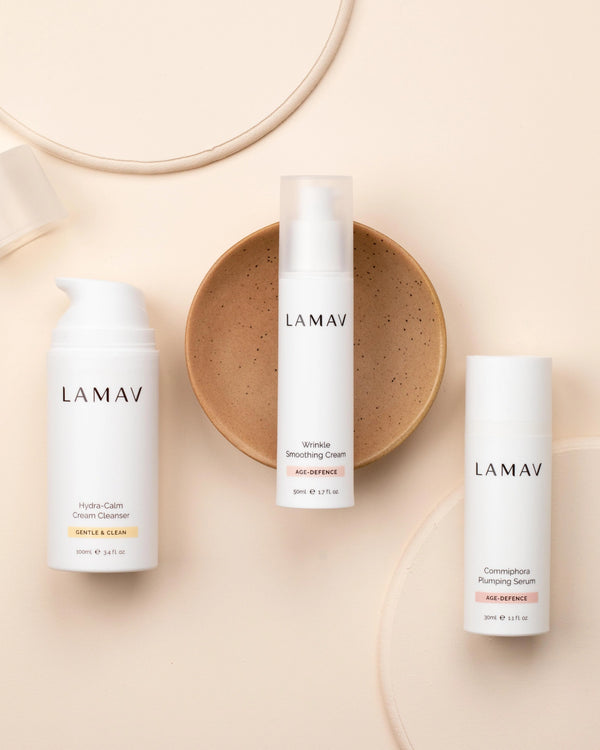 Age-Defence Essentials by LAMAV — 3 bottles arranged around a brown speckled bowl | Target fine lines