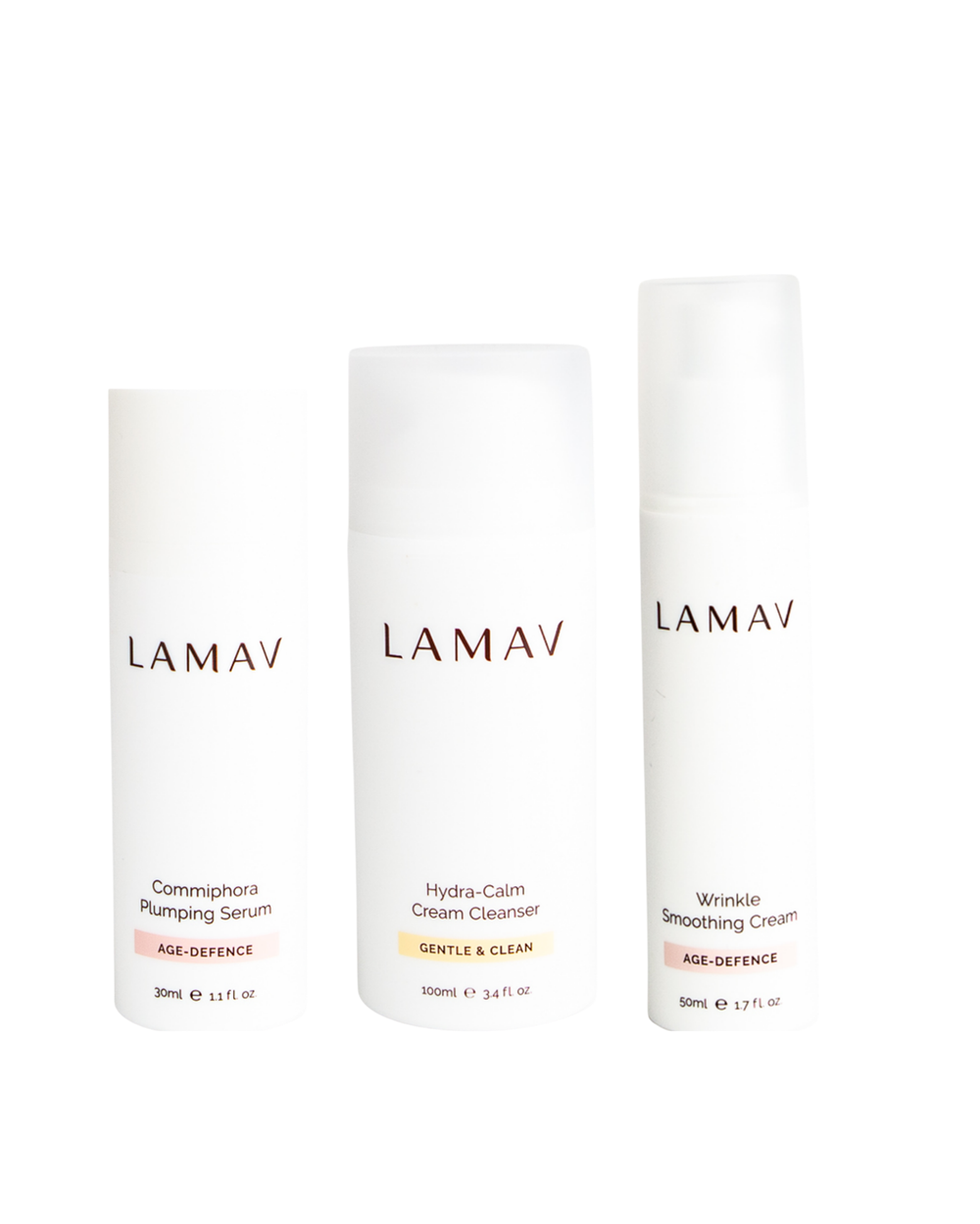 Age Defence Organic Skincare Essentials by LAMAV — three anti-aging skincare products side by side, front view | firming routine