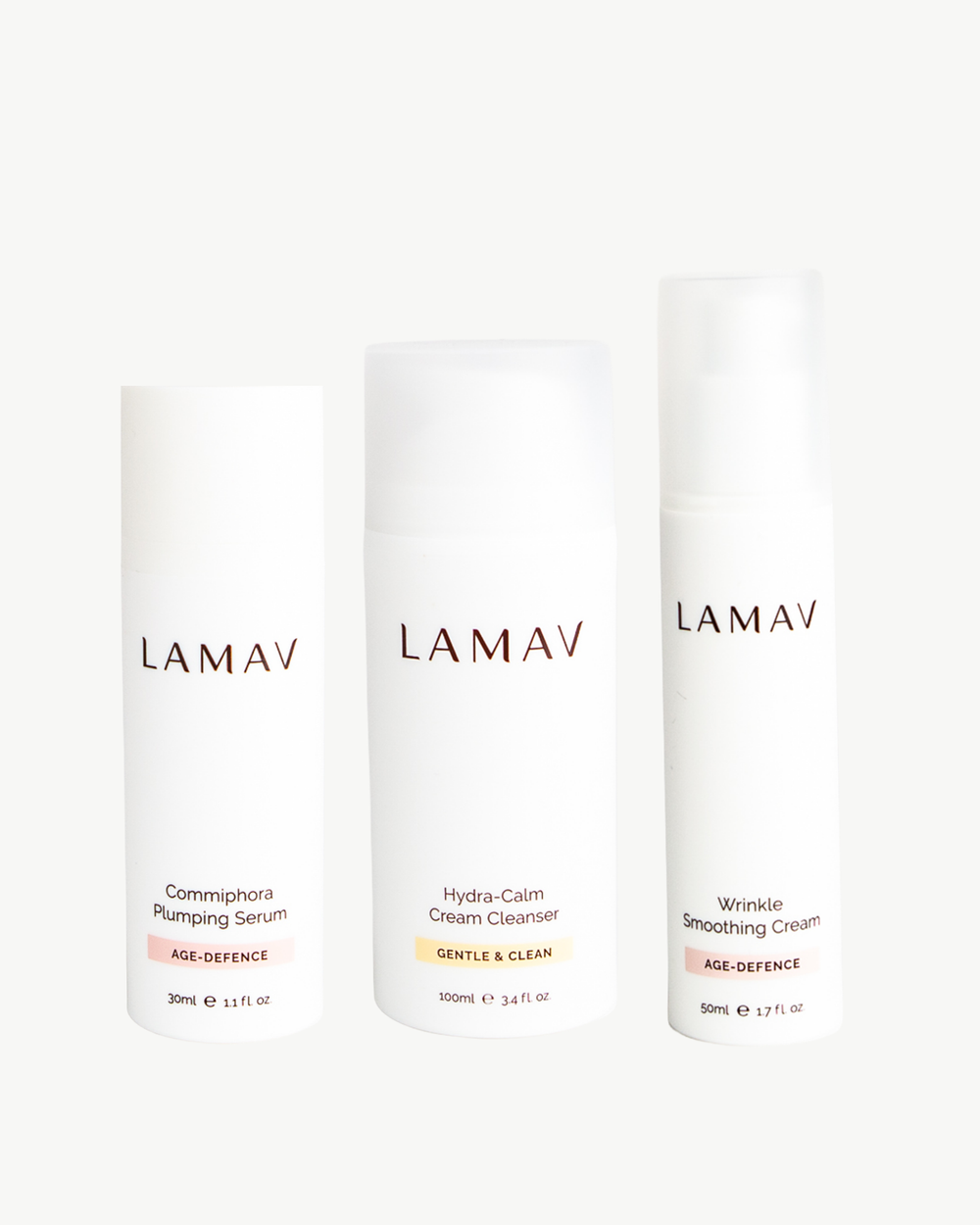 Age Defence Organic Skincare Essentials by LAMAV — three anti-aging skincare products side by side, front view | firming routine