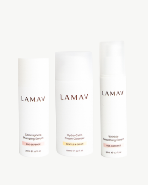 Age Defence Organic Skincare Essentials by LAMAV — three anti-aging skincare products side by side, front view | firming routine