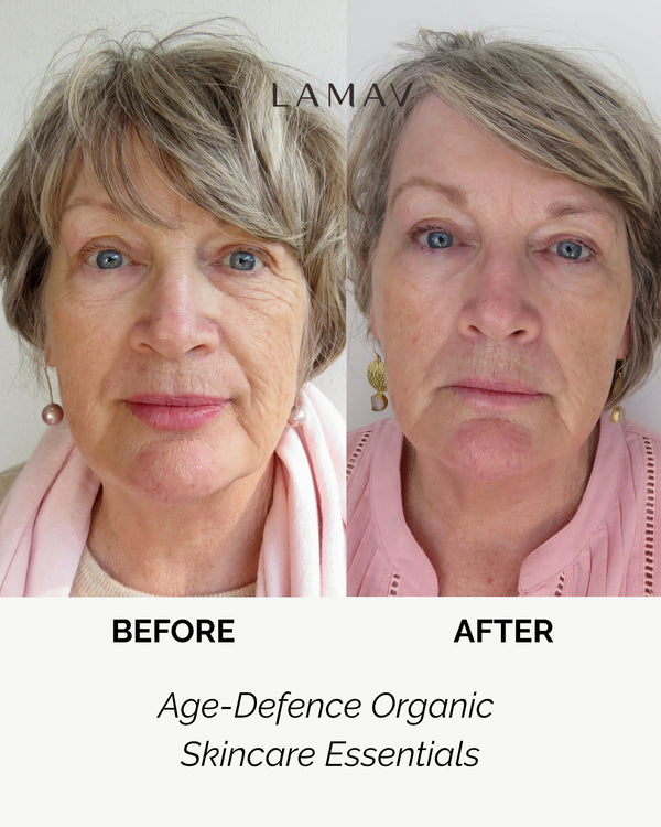 Age Defence Skincare Essentials by LAMAV — mature woman before and after face comparison | Visibly reduces deep wrinkles