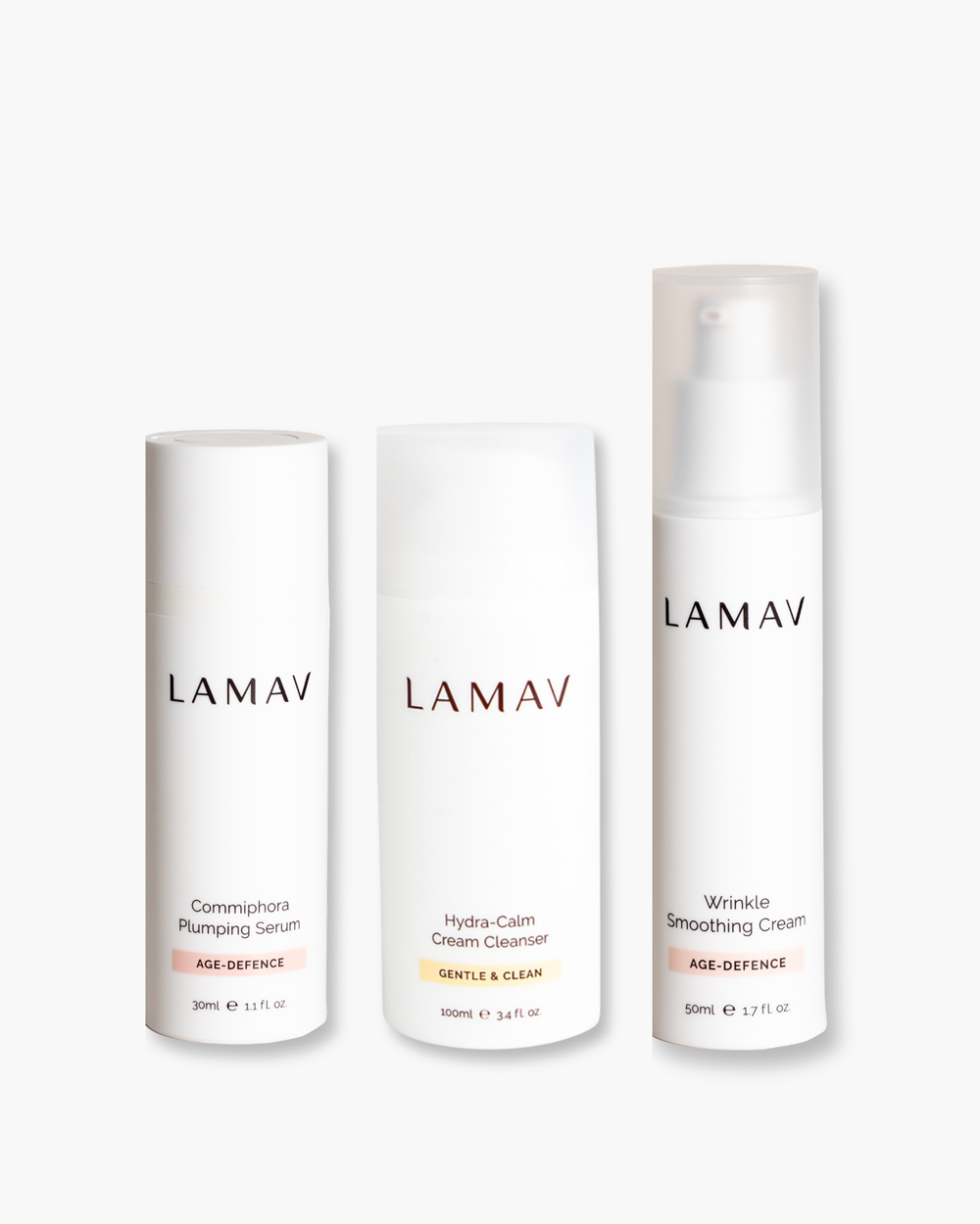 Age Defence Organic Skincare Essentials by LAMAV — three anti-aging skincare products side by side, front view | firming routine