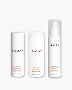 Age Defence Organic Skincare Essentials by LAMAV — three anti-aging skincare products side by side, front view | firming routine