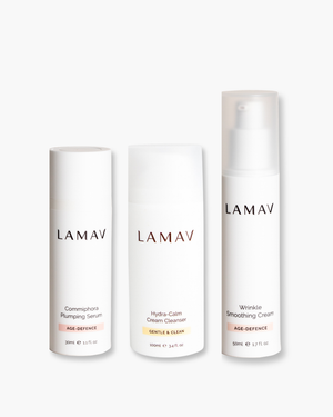 Age Defence Organic Skincare Essentials by LAMAV — three anti-aging skincare products side by side, front view | firming routine