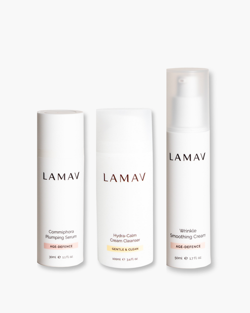 Age Defence Organic Skincare Essentials by LAMAV — three anti-aging skincare products side by side, front view | firming routine