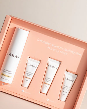 Age-Defence Pack by LAMAV — 4 mini products standing in front of pink box | Complete trial size age prevention kit