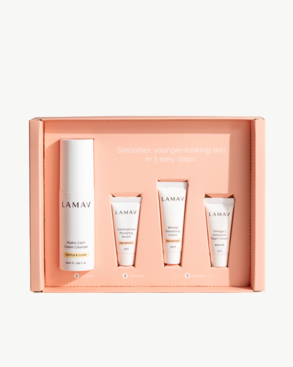 Age Defence Skin Discovery Pack by LAMAV — peach presentation box with four anti-aging skincare products | smoother skin routine