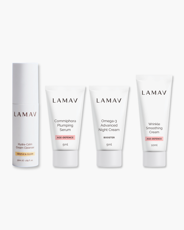 Age Defence Skin Discovery Pack by LAMAV — peach presentation box with four anti-aging skincare products | smoother skin routine
