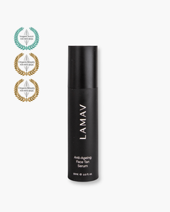 Anti-Ageing Face Tan Serum by LAMAV — bottle next to three beauty awards | Award-winning sunless tan