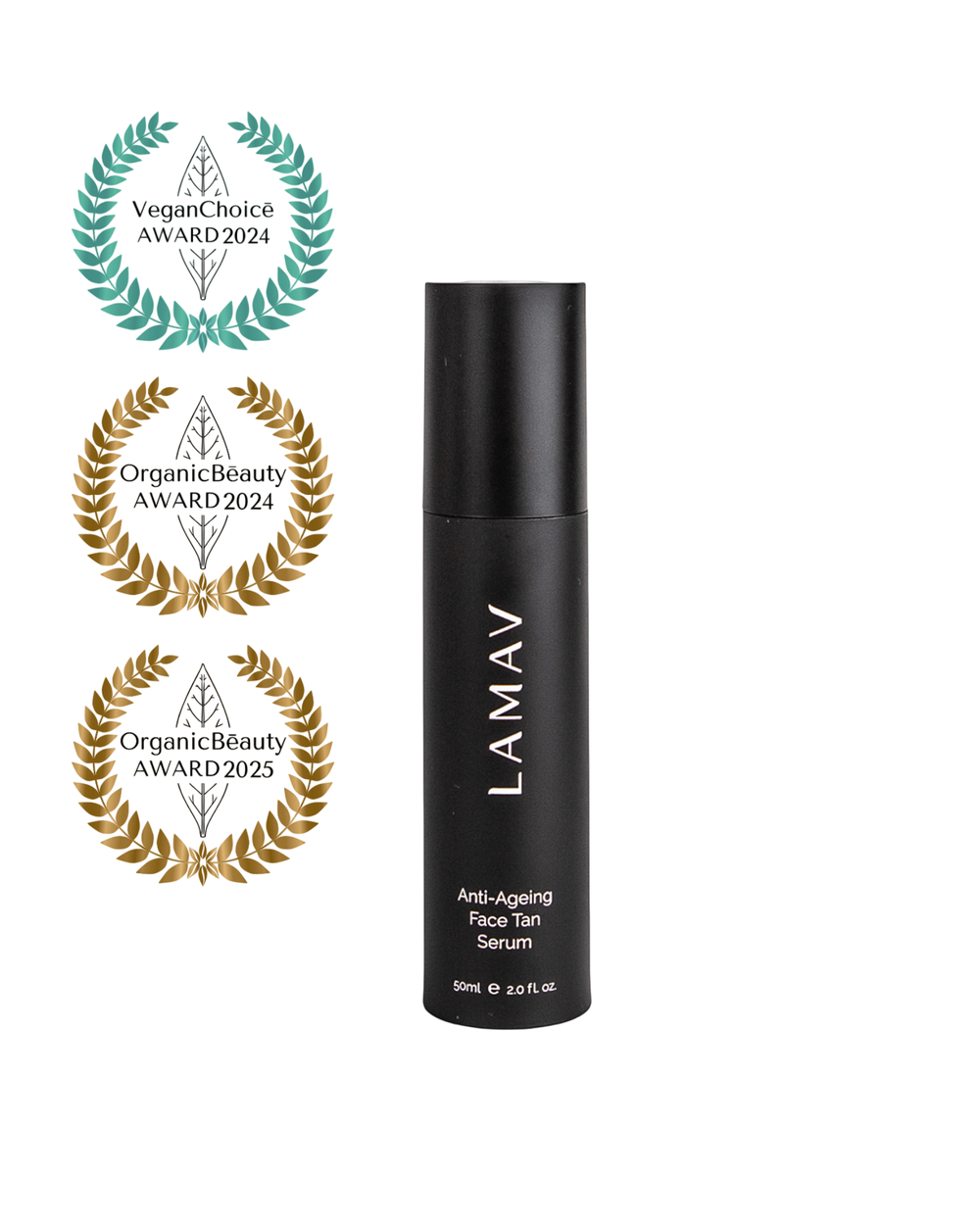 Anti-Ageing Face Tan Serum by LAMAV — bottle next to three beauty awards | Award-winning sunless tan