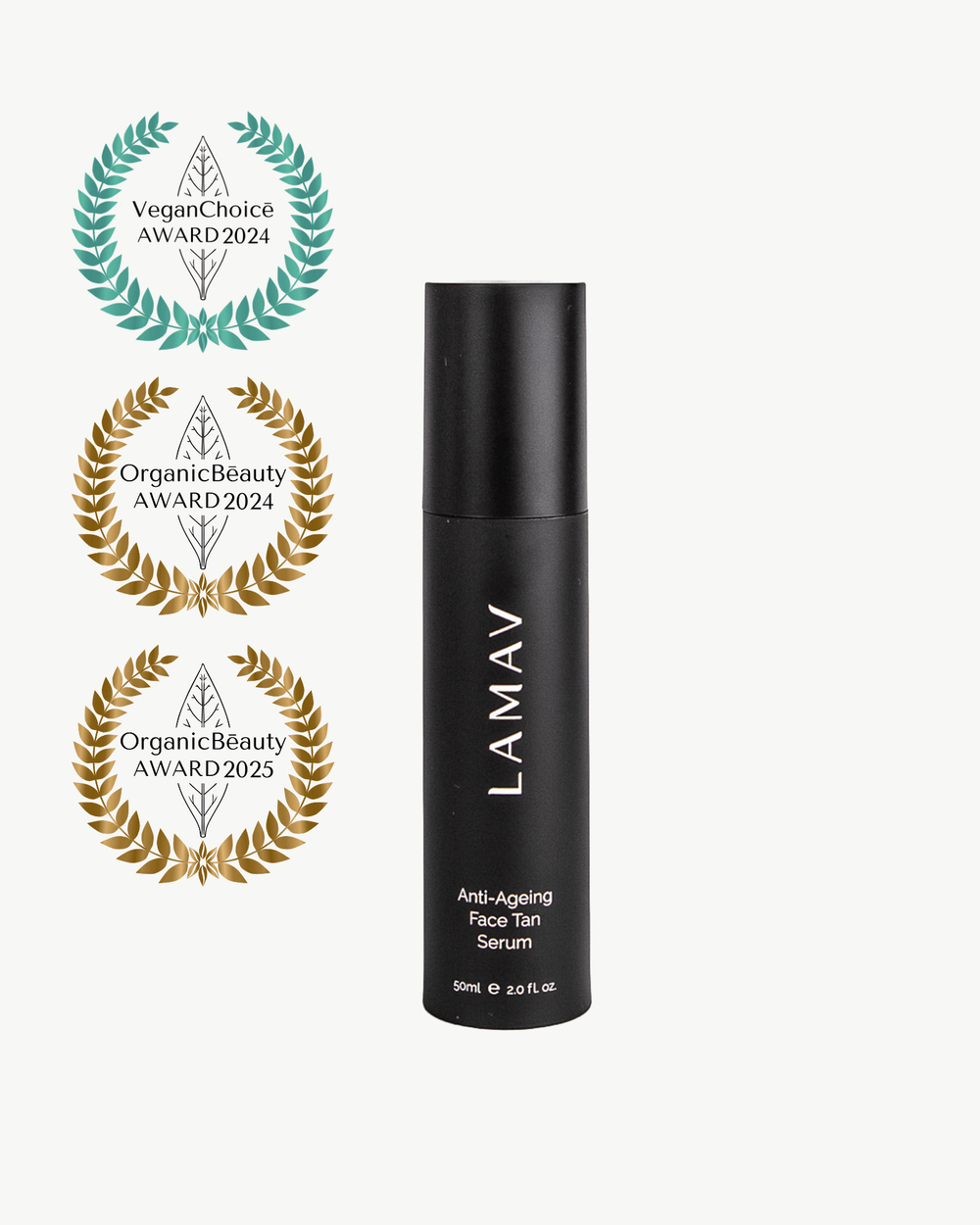 Anti-Ageing Face Tan Serum by LAMAV — bottle next to three beauty awards | Award-winning sunless tan