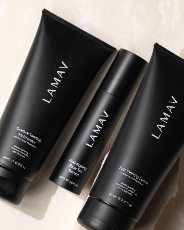 Anti-Ageing Face Tan Serum by LAMAV — 3 black tanning products lined up | achieve a flawless faux glow