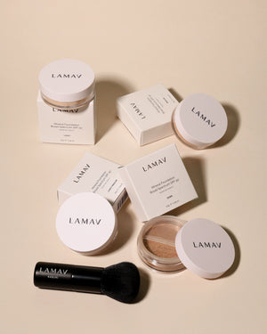 Anti-Ageing Mineral Foundation SPF15 by LAMAV — flat lay of boxes, jars, and a brush | Find your perfect shade match