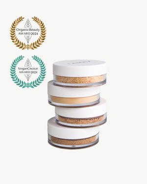 Anti-Ageing Mineral Foundation SPF15 by LAMAV — stack of four shade jars with beauty awards | Award-winning sun protection