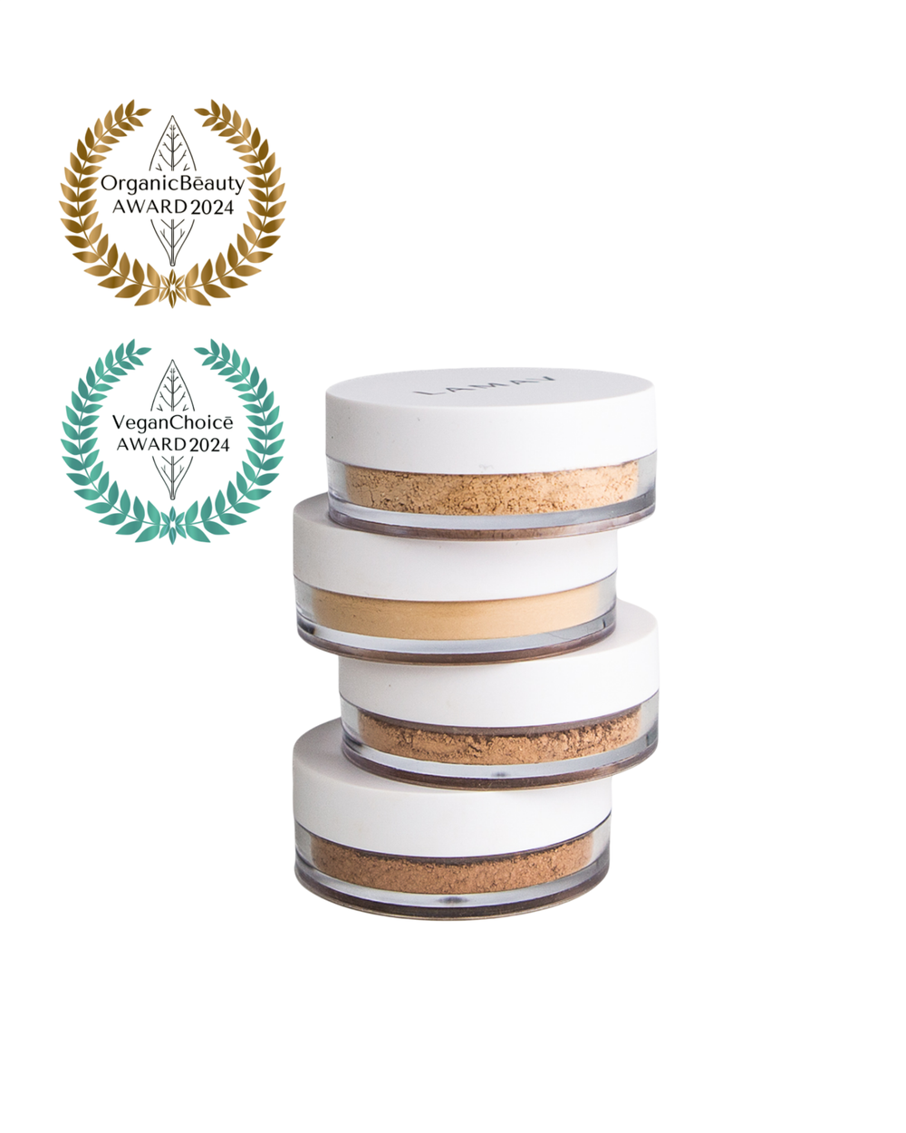 Anti-Ageing Mineral Foundation SPF15 by LAMAV — stack of four shade jars with beauty awards | Award-winning sun protection