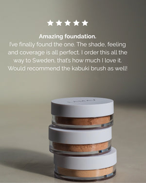 Anti-Ageing Mineral Foundation SPF15 by LAMAV — three stacked jars under a 5-star review | Perfect shade and coverage