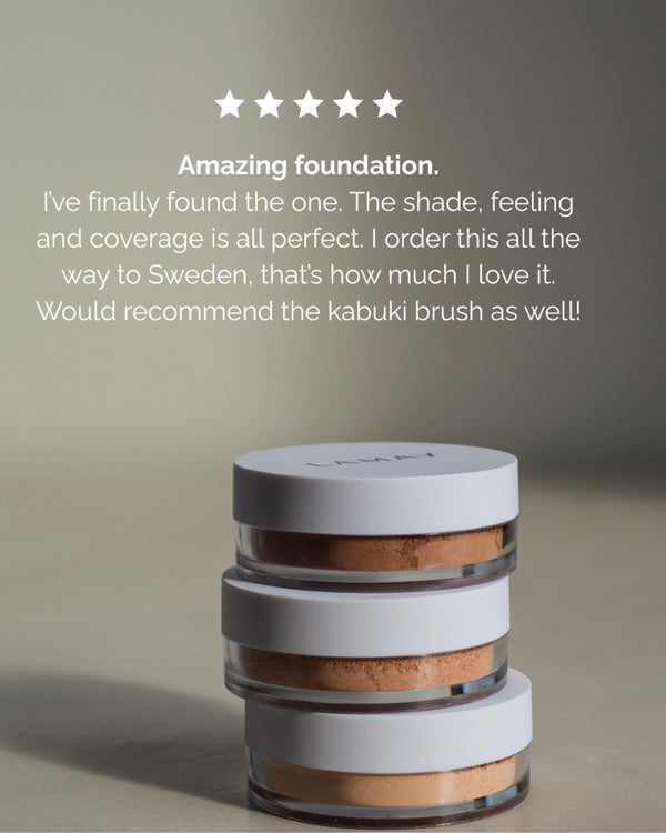 Anti-Ageing Mineral Foundation SPF15 by LAMAV — three stacked jars under a 5-star review | Perfect shade and coverage