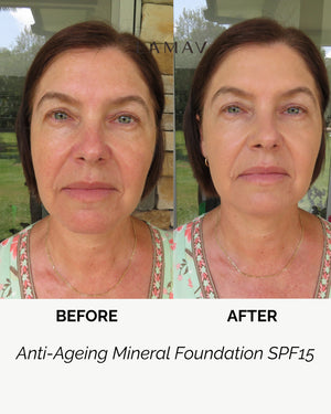 Anti-Ageing Mineral Foundation SPF15 by LAMAV — mature woman before and after face comparison | Evens tone and hides redness