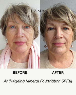 Anti-Ageing Mineral Foundation SPF15 by LAMAV — older woman before and after face comparison | Smooths and evens skin tone