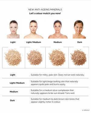 Anti-Ageing Mineral Foundation SPF15 by LAMAV — shade guide with models and powder swatches | find your perfect match