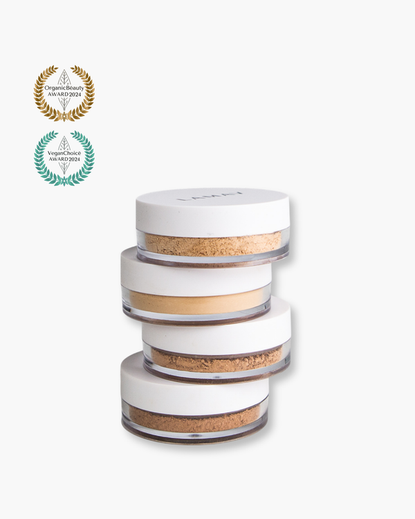 Anti-Ageing Mineral Foundation SPF15 by LAMAV — stack of four shade jars with beauty awards | Award-winning sun protection