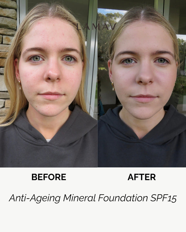 Anti-Ageing Mineral Foundation SPF15 by LAMAV — young woman before and after face comparison | Flawless natural coverage