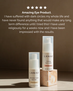 Anti Dark-Circle Eye Gel by LAMAV — bottle next to Firming Eye Lotion with 5-star review | Fades dark circles