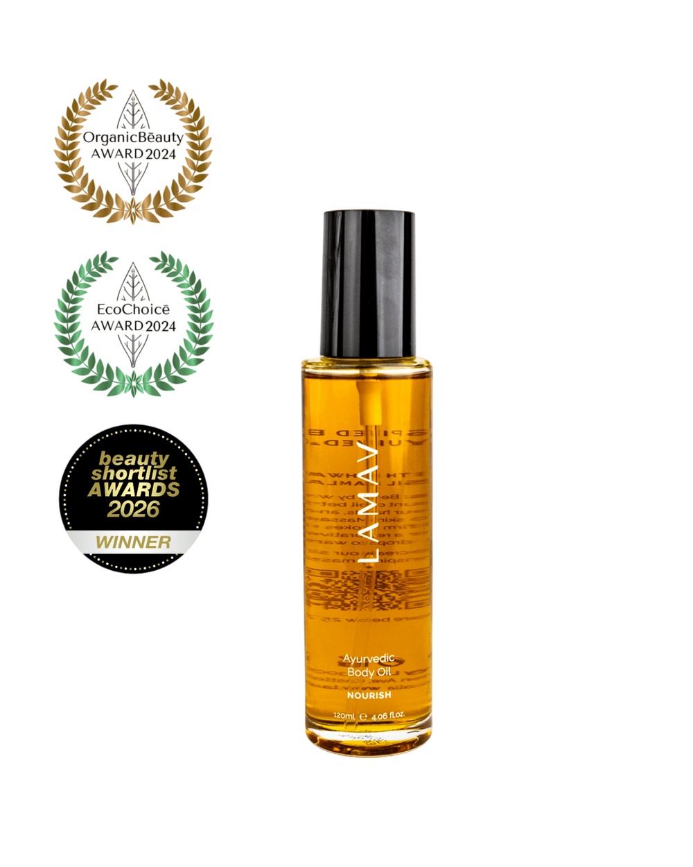 Ayurvedic Body Oil by LAMAV — golden oil bottle next to three beauty awards | Award-winning deep nourishment