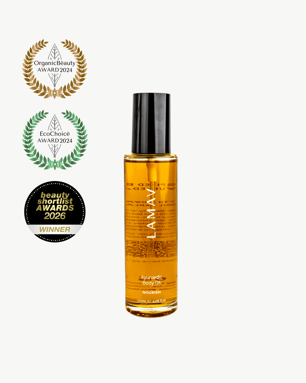 Ayurvedic Body Oil by LAMAV — golden oil bottle next to three beauty awards | Award-winning deep nourishment
