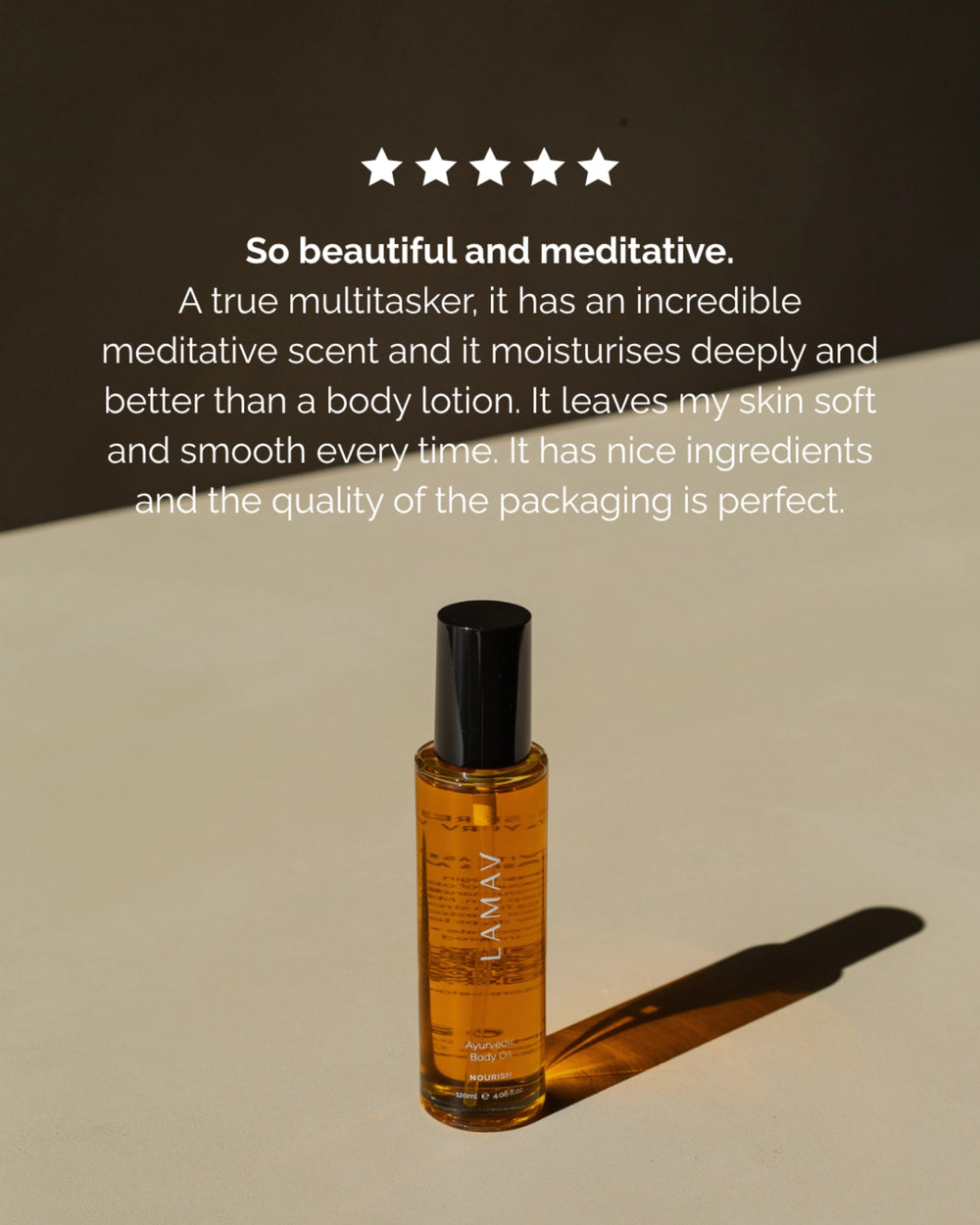Ayurvedic Body Oil by LAMAV — golden oil bottle next to three beauty awards | Award-winning deep nourishment
