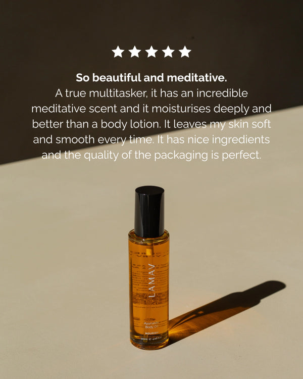 Ayurvedic Body Oil by LAMAV — golden bottle under a 5-star customer review | Deeply moisturizes and softens skin
