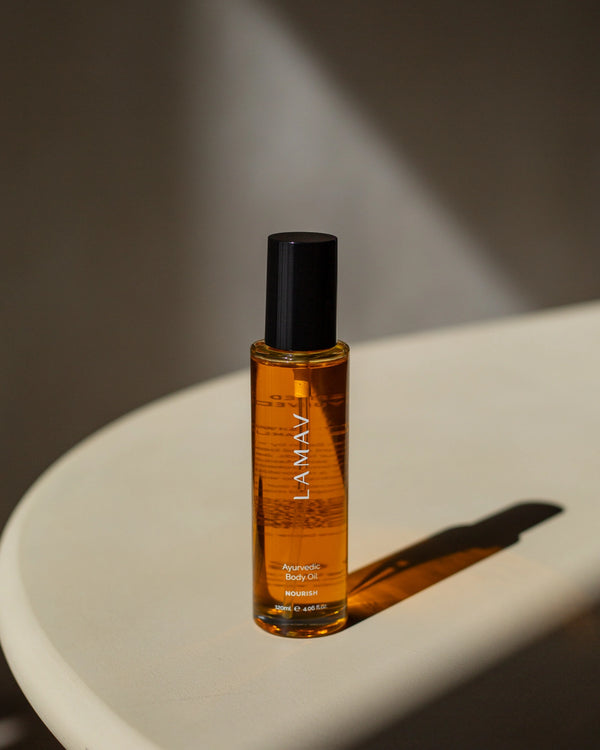 Ayurvedic Body Oil Nourish by LAMAV — 120ml glass bottle with black pump | Rich in antioxidants for healthy skin
