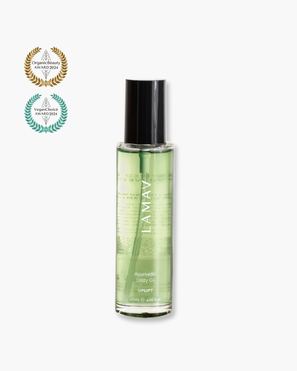 Ayurvedic Body Oil Uplift by LAMAV — green bottle next to two beauty awards | Award-winning skin nourishment