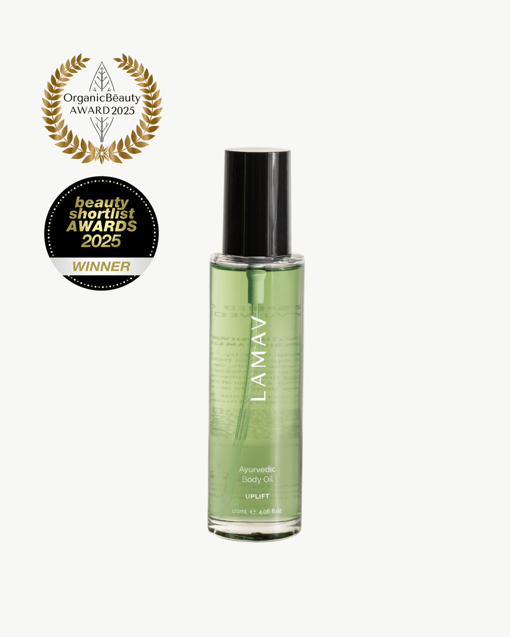 Ayurvedic Body Oil Uplift by LAMAV — green bottle next to two beauty awards | Award-winning skin nourishment