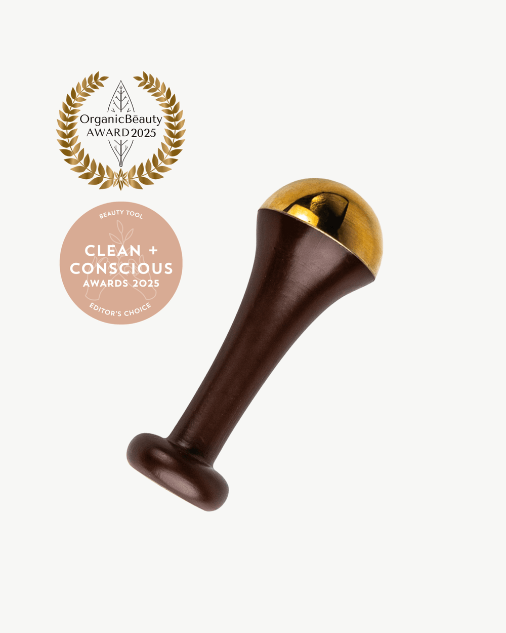 Ayurvedic Kansa Wand by LAMAV — massage tool next to two beauty awards | Award-winning facial rejuvenation