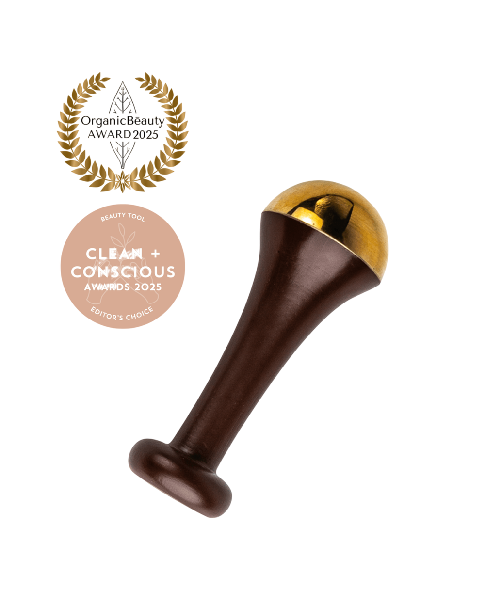 Ayurvedic Kansa Wand by LAMAV — massage tool next to two beauty awards | Award-winning facial rejuvenation