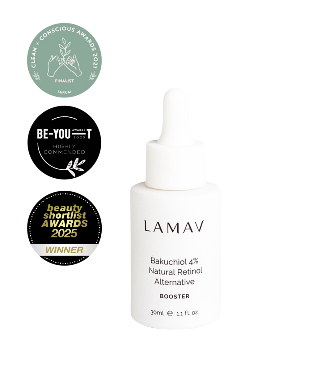Bakuchiol 4% Booster by LAMAV — white dropper bottle with three beauty award badges | natural retinol alternative