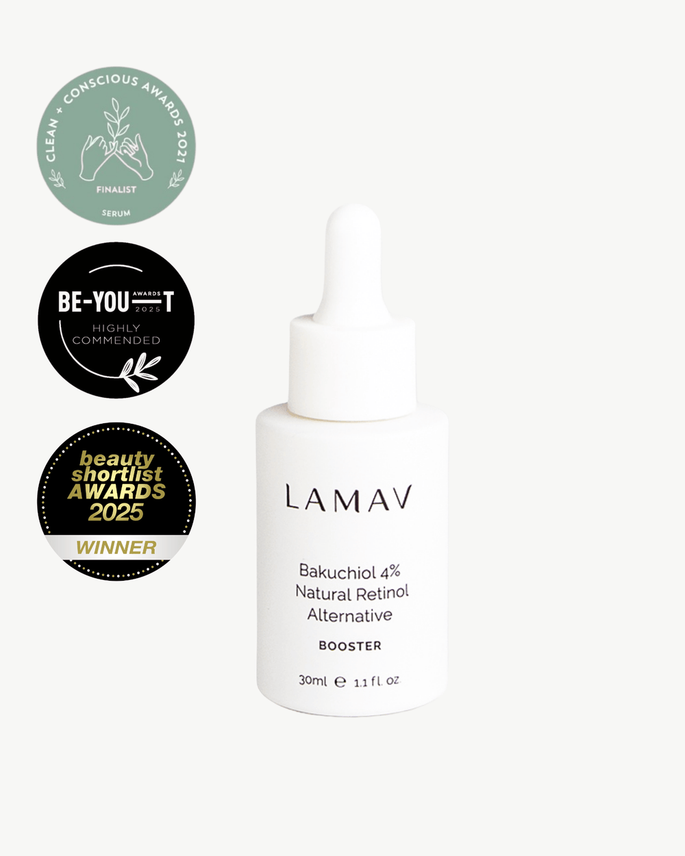 Bakuchiol 4% Booster by LAMAV — white dropper bottle with three beauty award badges | natural retinol alternative