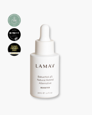 Bakuchiol 4% Booster by LAMAV — white dropper bottle with three beauty award badges | natural retinol alternative