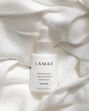Bakuchiol 4% Natural Retinol Alternative by LAMAV — white bottle resting on soft white linen | Gentle on sensitive skin