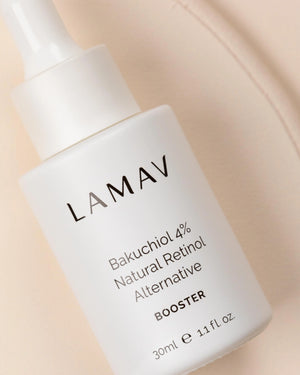 Bakuchiol 4% Natural Retinol Alternative by LAMAV — close up of the white bottle text label | Improves skin elasticity